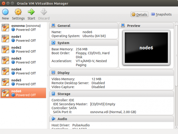 VirtualBox sa 6 kreiranih čvorova